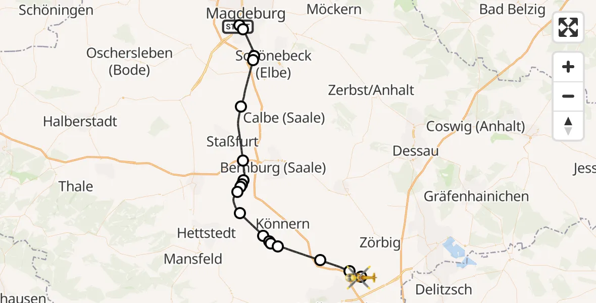 Flugroute Rettungshubschrauber Magdeburg - Halle-Oppin Flugplatz, 31 Mai 2026, 19:19