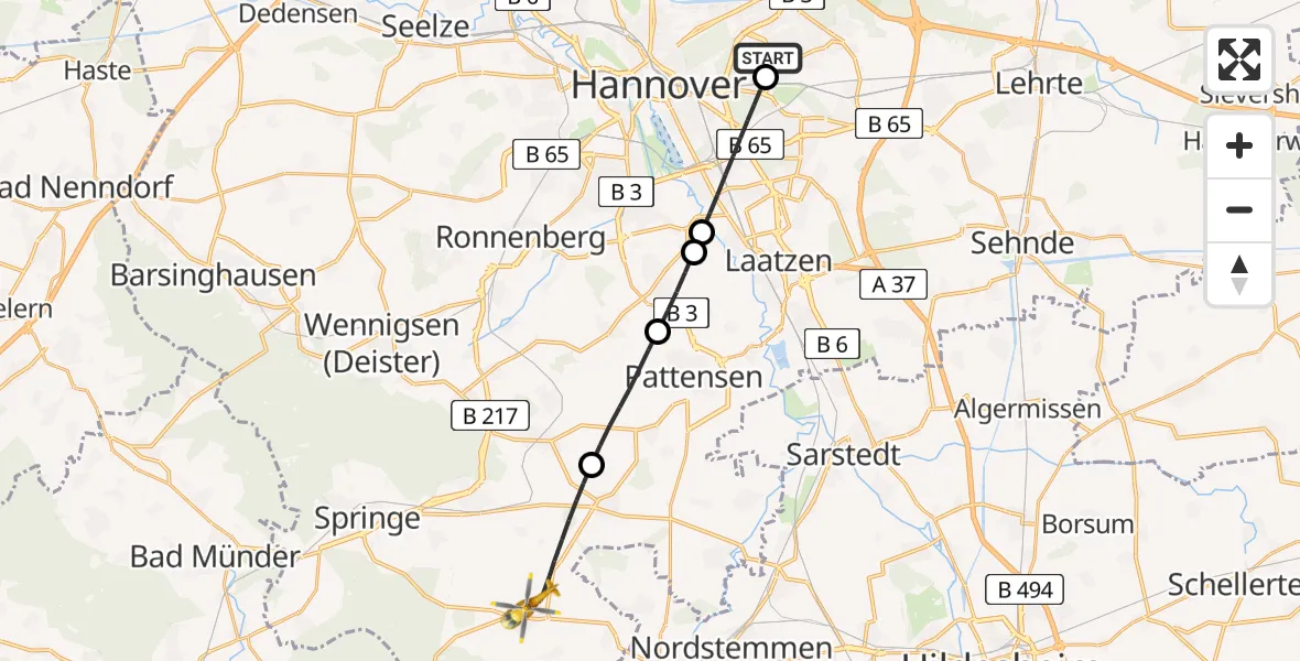 Flugroute Rettungshubschrauber Hannover Luftrettung Hubschrauberlandeplatz (Christoph 4) - Springe, 31 Mai 2026, 19:22