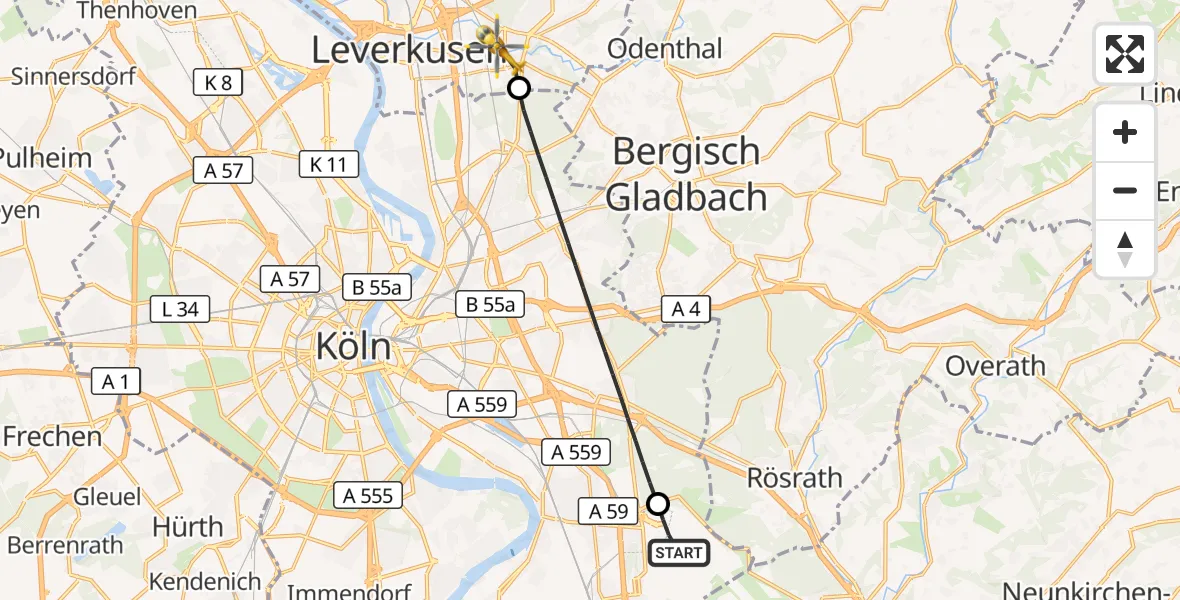 Flugroute Rettungshubschrauber Köln Bonn Flughafen - Leverkusen, 31 Mai 2026, 19:26
