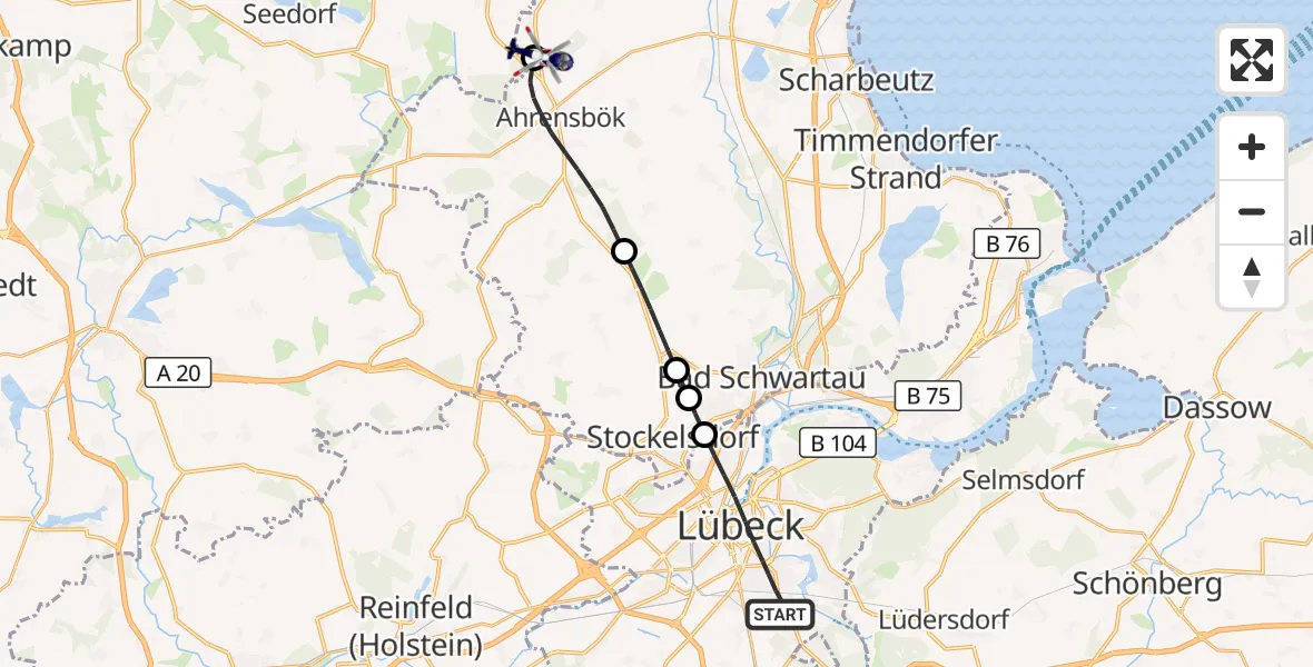 Flugroute Polizeihubschrauber Lübeck - Christoph 12 Luftrettungszentrum, 31 Mai 2026, 19:42