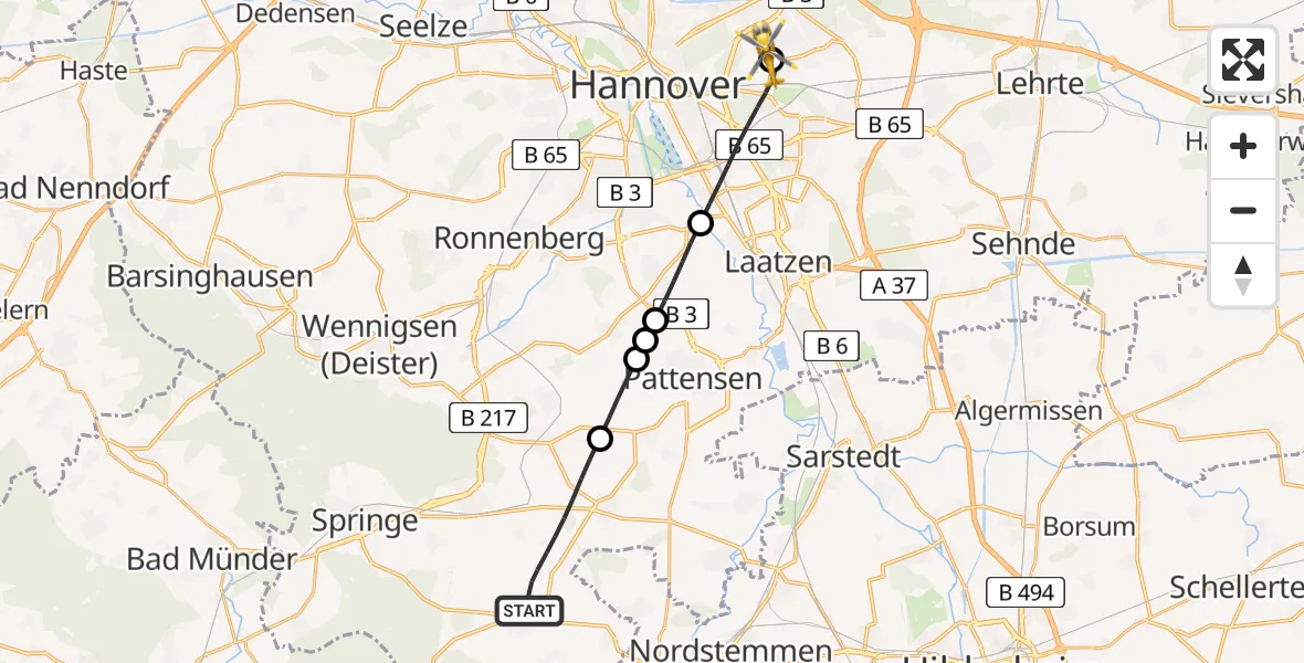 Flugroute Rettungshubschrauber Springe - Hannover Luftrettung Hubschrauberlandeplatz (Christoph 4), 31 Mai 2026, 20:00