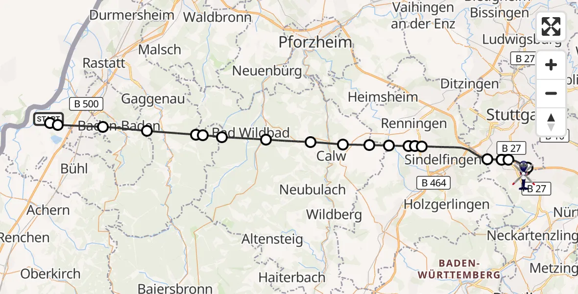 Flugroute Polizeihubschrauber Karlsruhe Baden-Baden Flughafen - Flughafen Stuttgart, 31 Mai 2026, 20:03