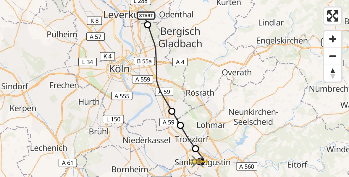 Flugroute Rettungshubschrauber Leverkusen - Asklepios Children's Clinic Sankt Augustin, 31 Mai 2026, 20:19