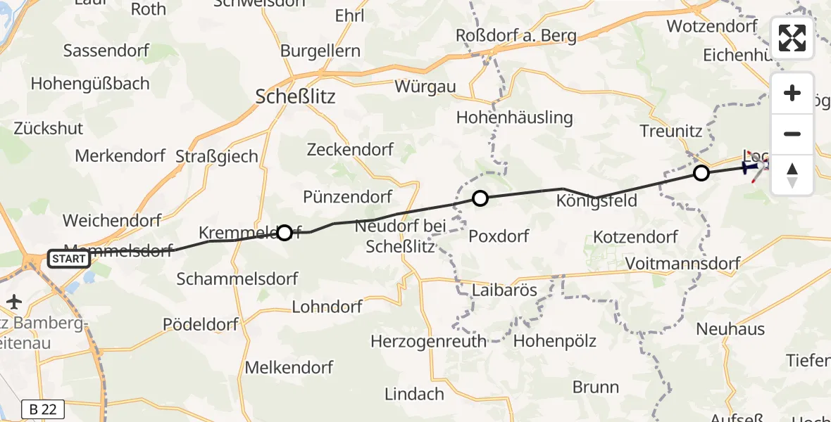 Flugroute Polizeihubschrauber Memmelsdorf - Hollfeld, 31 Mai 2026, 20:20