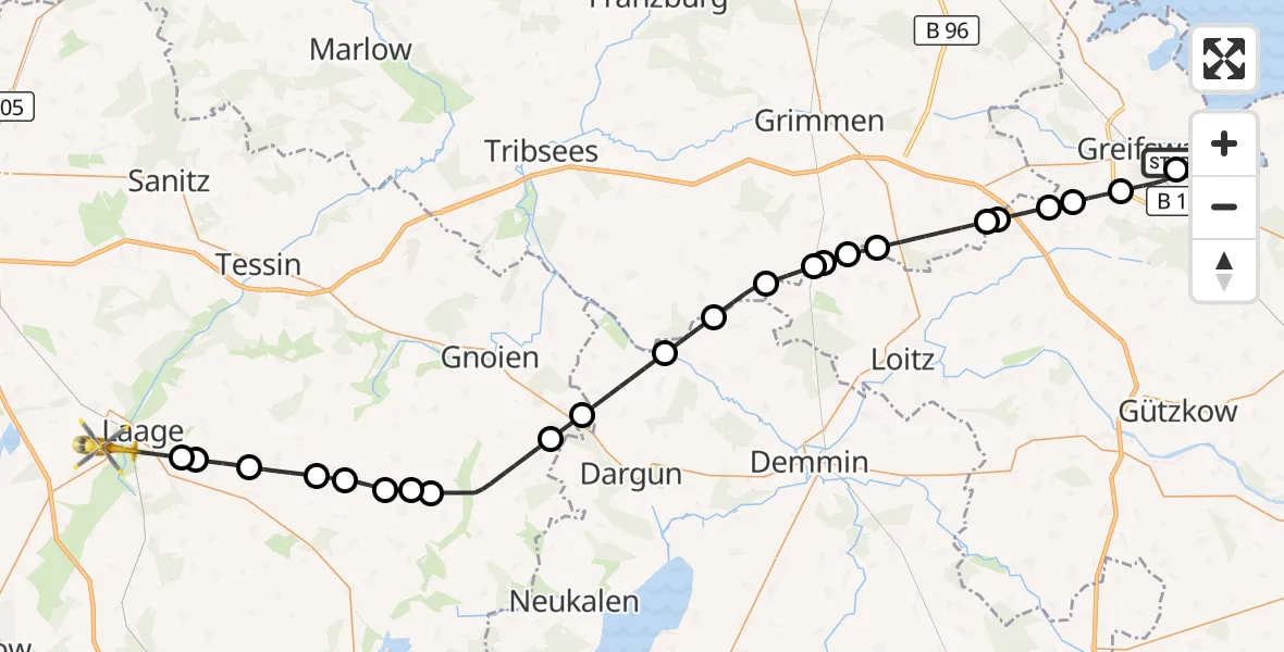 Flugroute Rettungshubschrauber Greifswald Hospital - Laage, 31 Mai 2026, 22:13