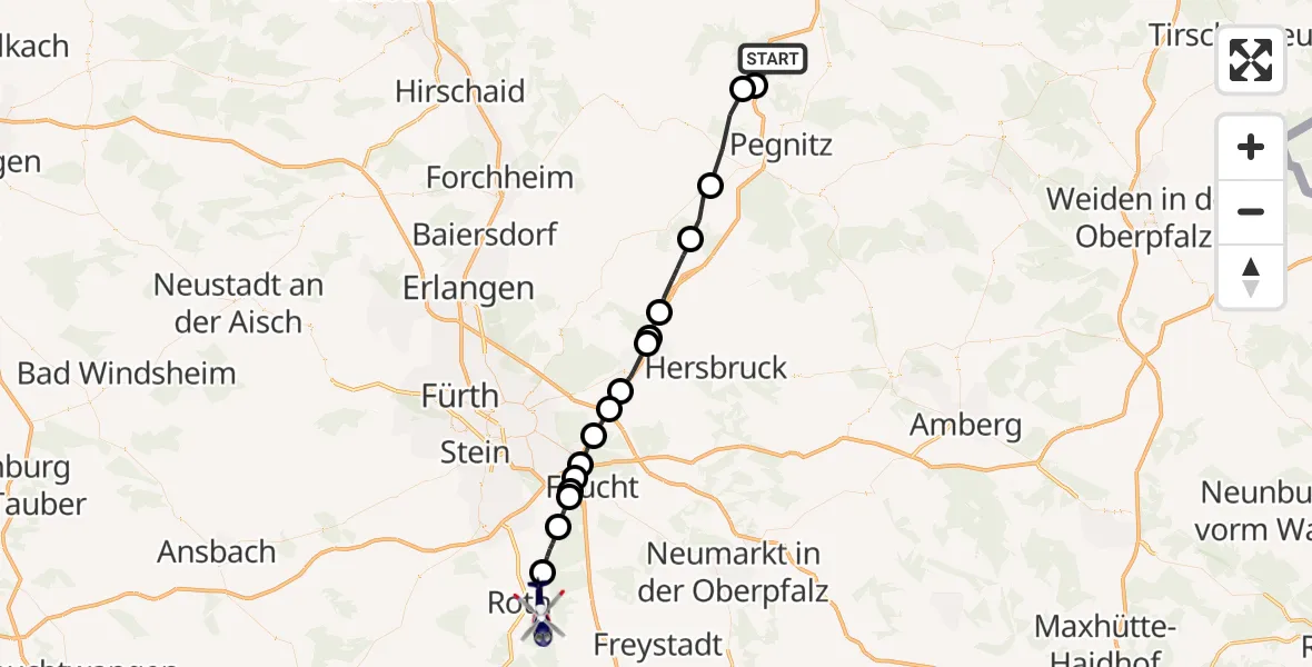 Flugroute Polizeihubschrauber Creußen - Roth, 31 Mai 2026, 22:22