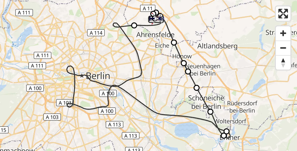 Flugroute Polizeihubschrauber Ahrensfelde Hubschrauberlandeplatz - Ahrensfelde Hubschrauberlandeplatz, 31 Mai 2026, 22:37