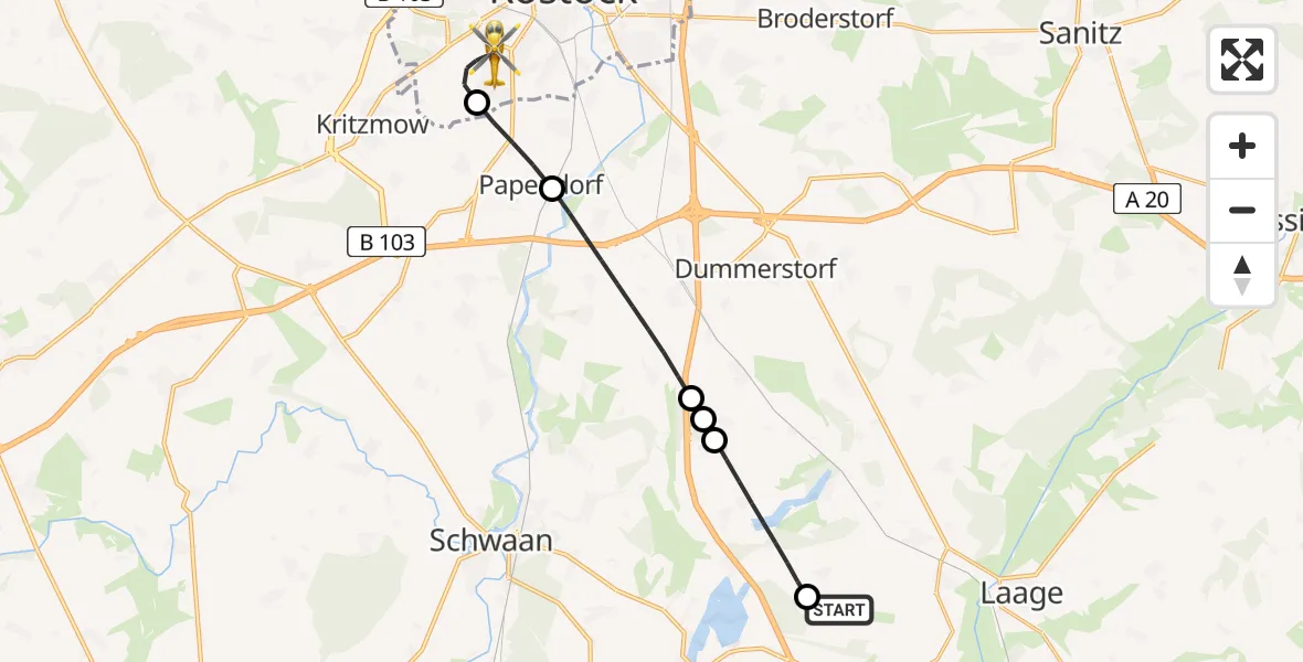 Flugroute Rettungshubschrauber Flughafen Rostock-Laage - Rostock, 31 Mai 2026, 23:00