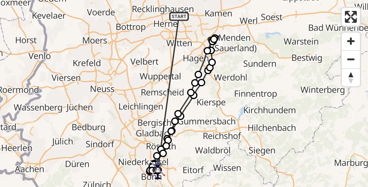 Flugroute Polizeihubschrauber Castrop-Rauxel - Sankt Augustin, 01 Juni 2026, 01:06