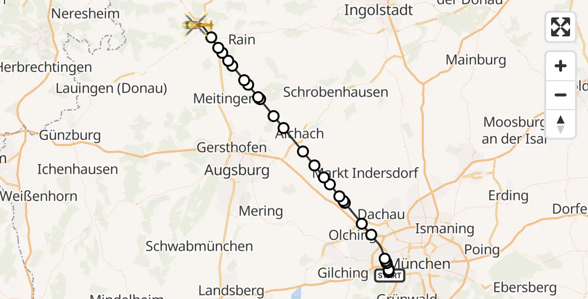 Flugroute Rettungshubschrauber DRF Air Rescue München Hubschrauberlandeplatz - Donauwörth, 01 Juni 2026, 01:06