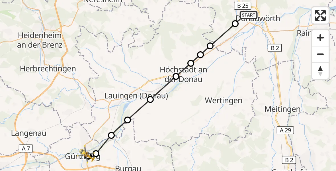 Flugroute Rettungshubschrauber Donauwörth - Günzburg Hospital, 01 Juni 2026, 02:16