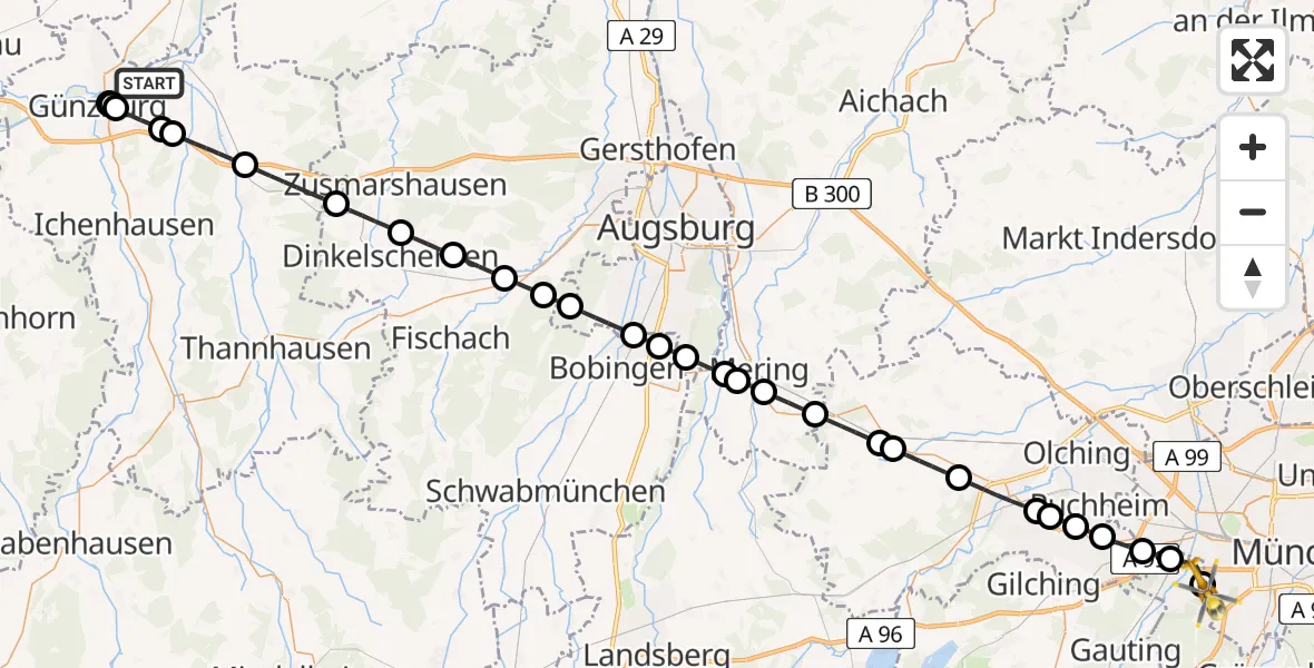 Flugroute Rettungshubschrauber Offingen - DRF Air Rescue München Hubschrauberlandeplatz, 01 Juni 2026, 02:59