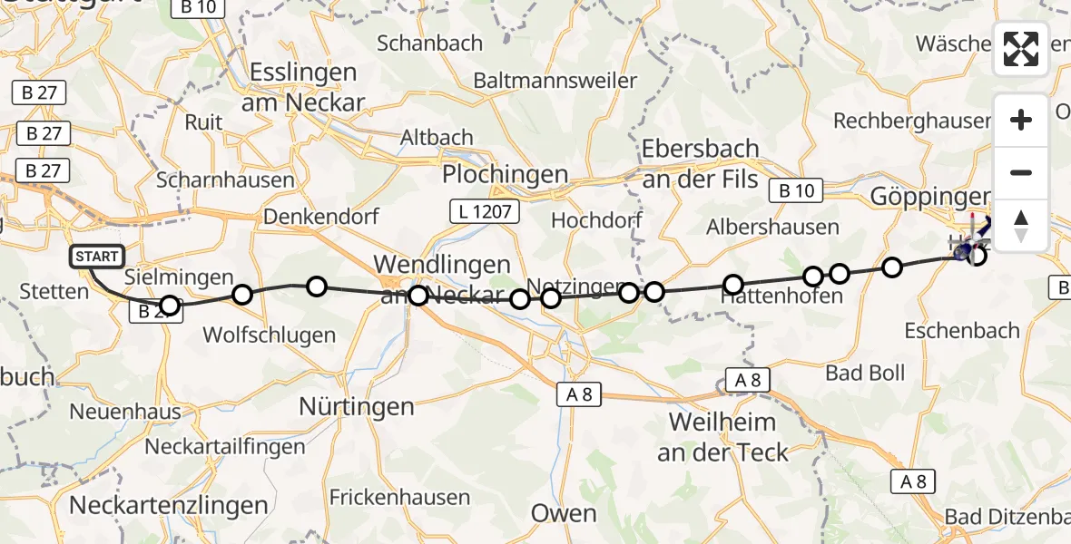 Flugroute Polizeihubschrauber Flughafen Stuttgart - Göppingen, 01 Juni 2026, 04:56