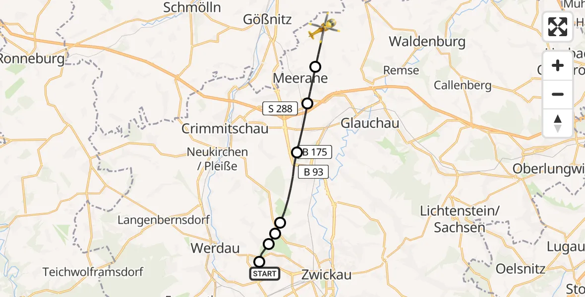 Flugroute Rettungshubschrauber ADAC Air Rescue Station Zwickau Hubschrauberlandeplatz - Schönberg, 01 Juni 2026, 05:27