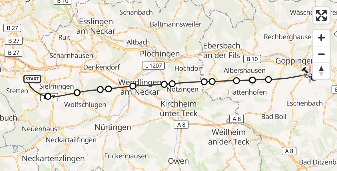 Flugroute Polizeihubschrauber Flughafen Stuttgart - Göppingen, 01 Juni 2026, 05:30