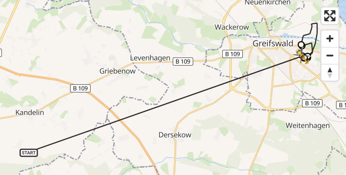 Flugroute Rettungshubschrauber Süderholz - Greifswald Hospital, 01 Juni 2026, 05:37