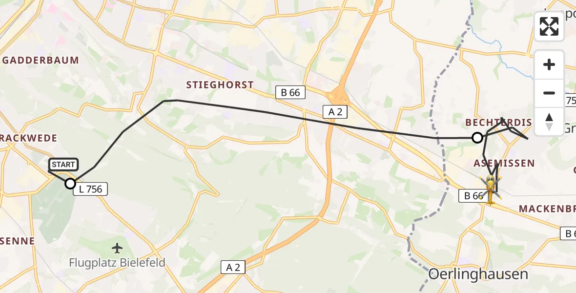 Flugroute Rettungshubschrauber Luftrettungszentrum Bielefeld - Leopoldshöhe, 01 Juni 2026, 05:39