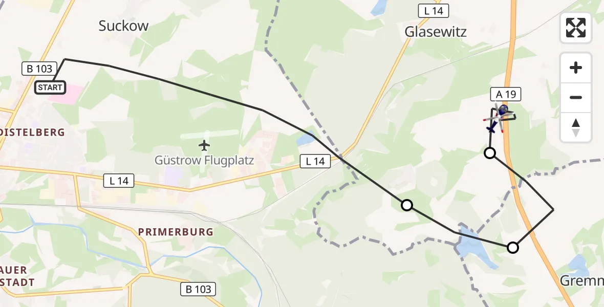 Flugroute Polizeihubschrauber Güstrow - Glasewitz, 01 Juni 2026, 05:55