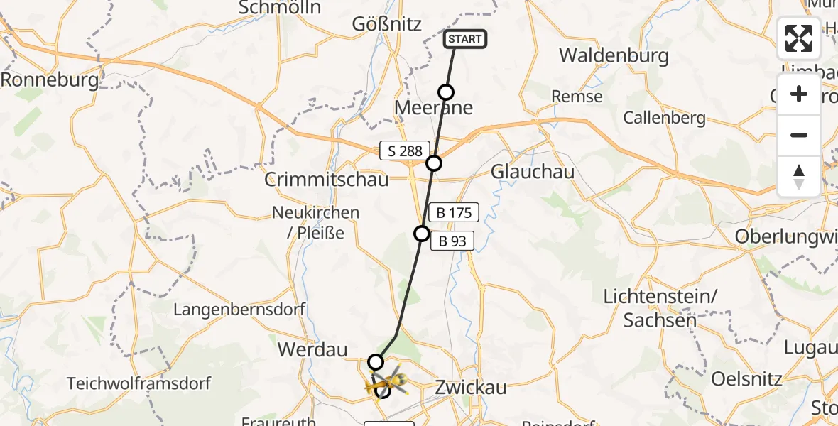 Flugroute Rettungshubschrauber Schönberg - ADAC Air Rescue Station Zwickau Hubschrauberlandeplatz, 01 Juni 2026, 06:00