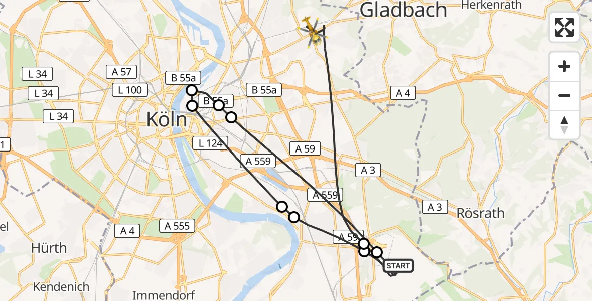 Flugroute Rettungshubschrauber Köln Bonn Flughafen - Köln, 01 Juni 2026, 06:06