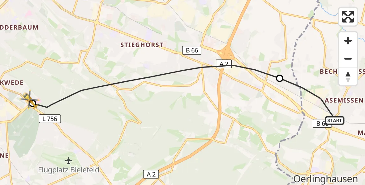 Flugroute Rettungshubschrauber Leopoldshöhe - Luftrettungszentrum Bielefeld, 01 Juni 2026, 06:06