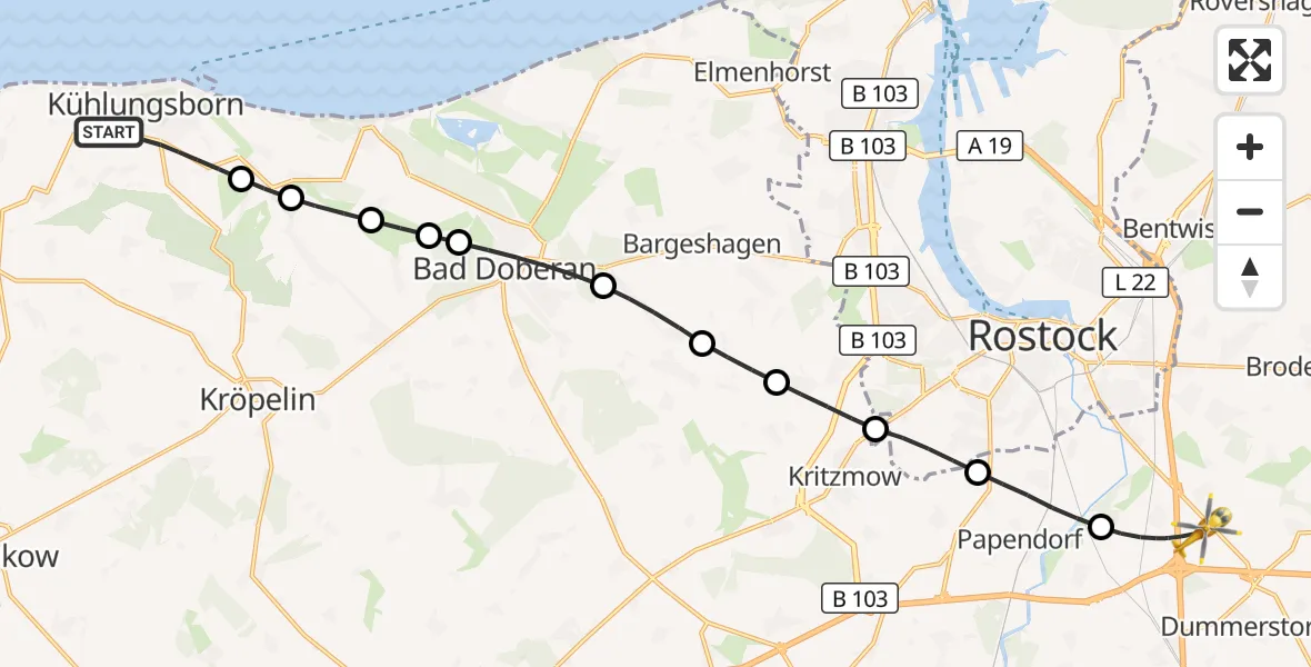 Flugroute Ambulanzhubschrauber Kühlungsborn - Dummerstorf, 01 Juni 2026, 06:40