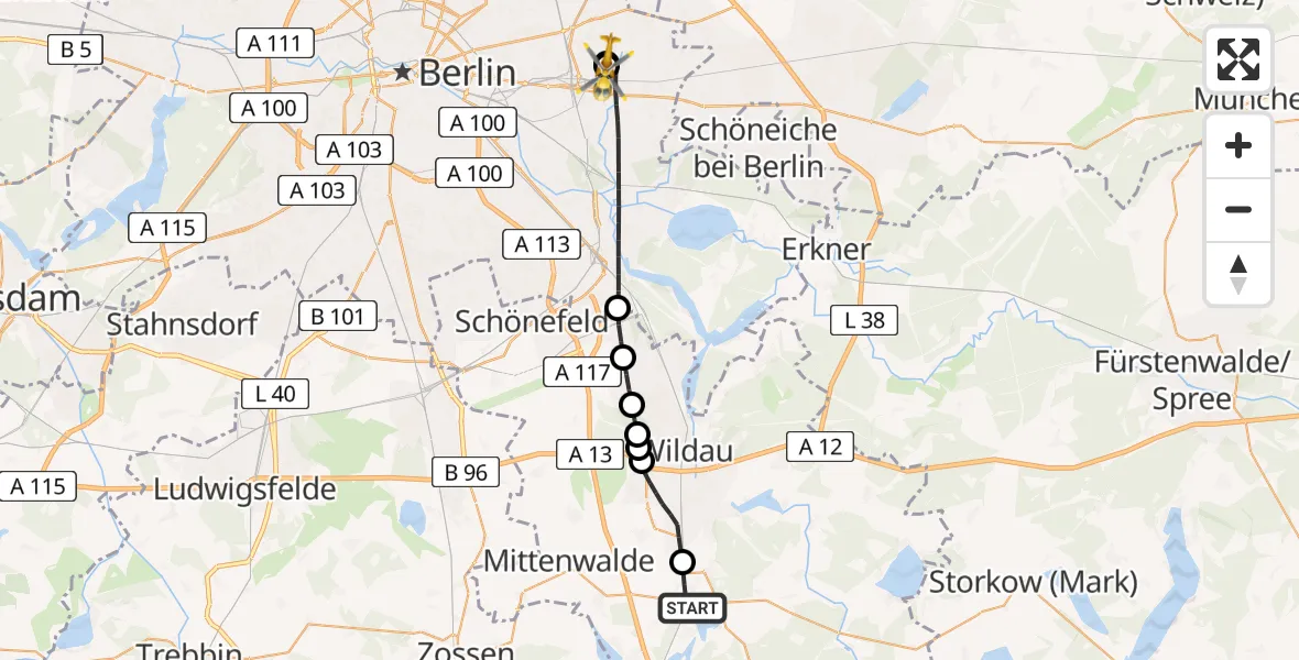 Flugroute Rettungshubschrauber Bestensee - Berlin Emergency Hospital, 01 Juni 2026, 06:44