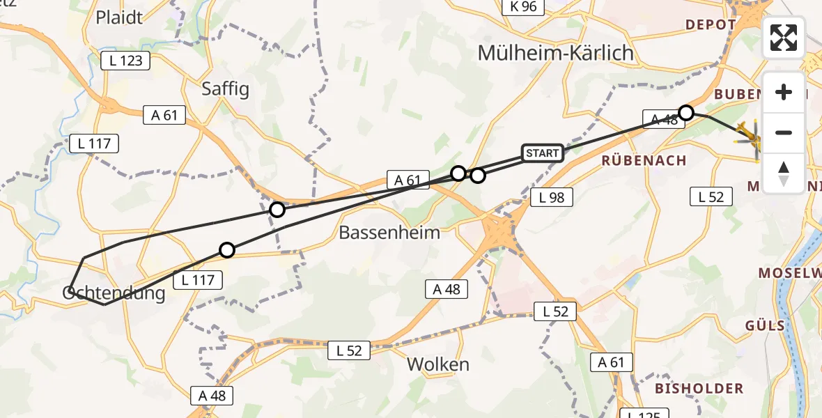 Flugroute Rettungshubschrauber Mülheim-Kärlich - Koblenz, 01 Juni 2026, 07:00
