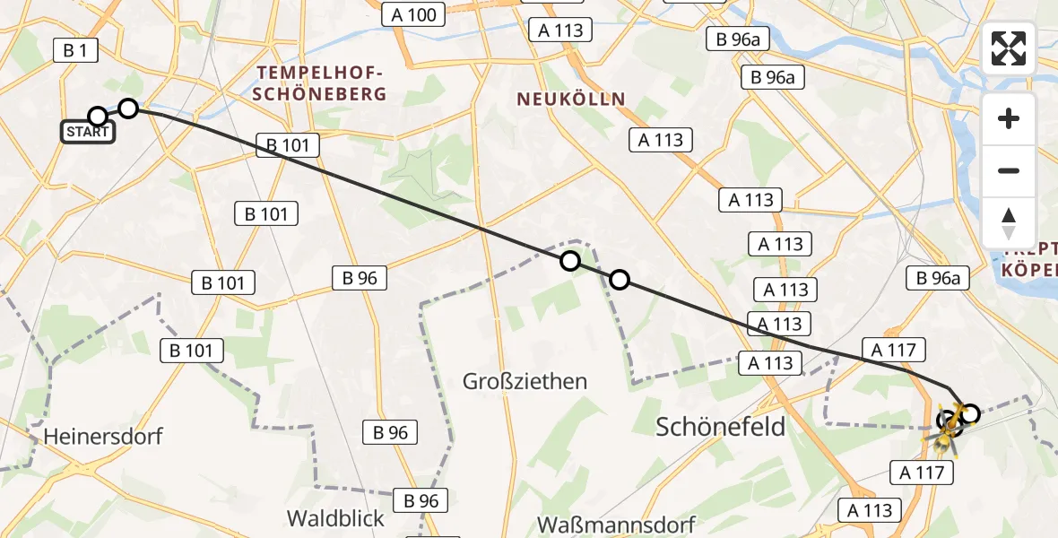 Flugroute Rettungshubschrauber Charité Clinic Benjamin Franklin Campus - Schönefeld, 01 Juni 2026, 07:11