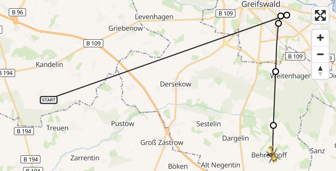 Flugroute Rettungshubschrauber Süderholz - Behrenhoff, 01 Juni 2026, 07:17