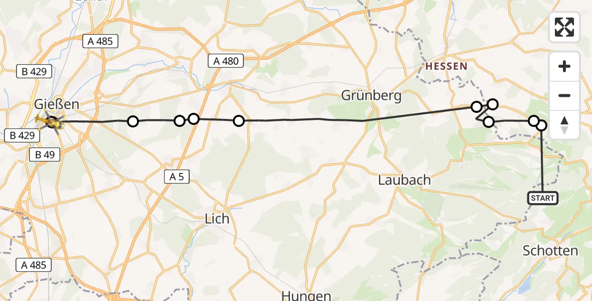 Flugroute Rettungshubschrauber Schotten - Gießen University Hospital, 01 Juni 2026, 07:24