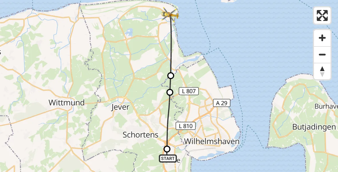 Flugroute Rettungshubschrauber Sande - Wangerland, 01 Juni 2026, 07:30