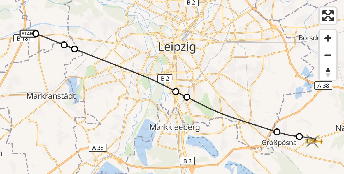 Flugroute Rettungshubschrauber ADAC Air Rescue Station Leipzig/Schkeuditz-Dölzig Hubschrauberlandeplatz (Christoph 61) - Belgershain, 01 Juni 2026, 07:36