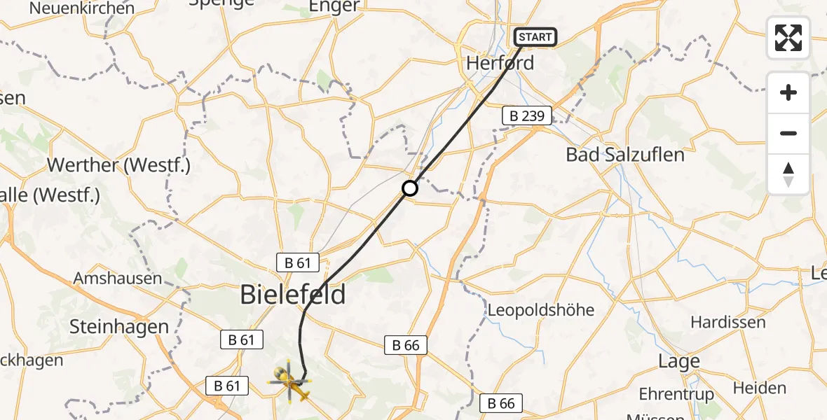 Flugroute Rettungshubschrauber Herford - Luftrettungszentrum Bielefeld, 01 Juni 2026, 07:43
