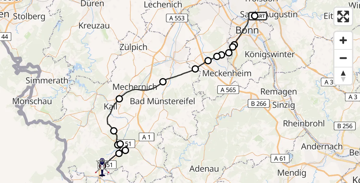 Flugroute Polizeihubschrauber Sankt Augustin - Dahlem, 01 Juni 2026, 07:43