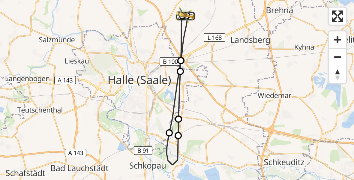 Flugroute Rettungshubschrauber Halle-Oppin Flugplatz - Halle-Oppin Flugplatz, 01 Juni 2026, 07:43