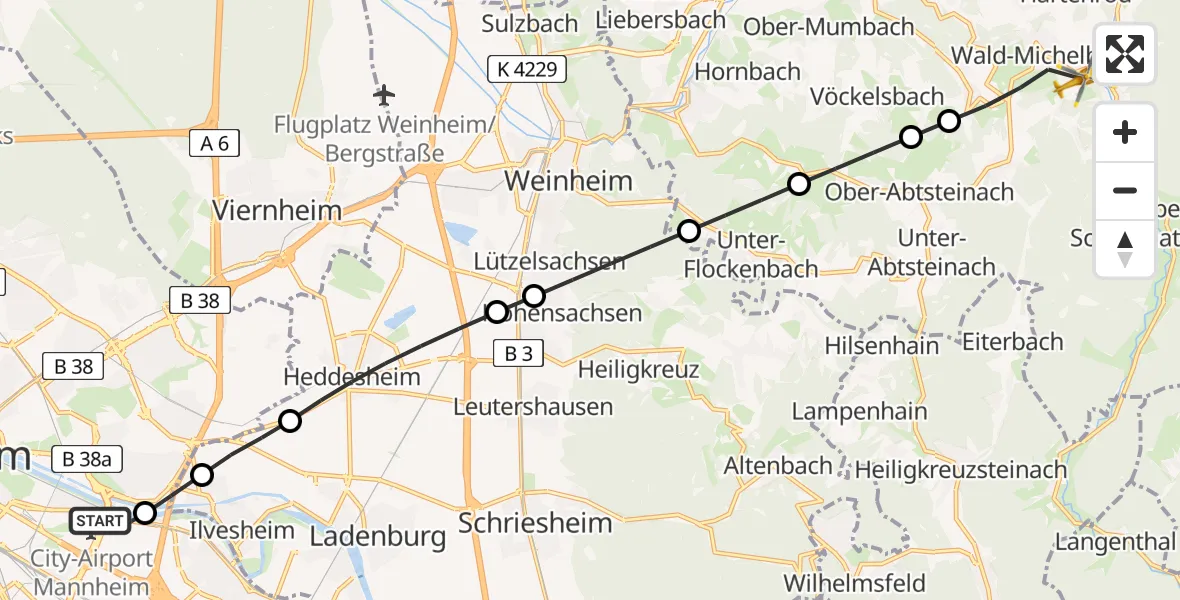 Flugroute Rettungshubschrauber Mannheim-City Flughafen - Wald-Michelbach, 01 Juni 2026, 07:43