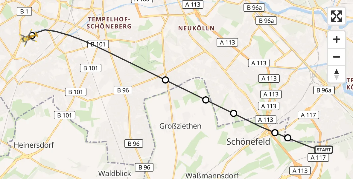 Flugroute Rettungshubschrauber Schönefeld - Charité Clinic Benjamin Franklin Campus, 01 Juni 2026, 07:44