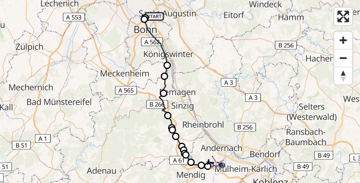 Flugroute Polizeihubschrauber Bonn - Plaidt, 01 Juni 2026, 07:44