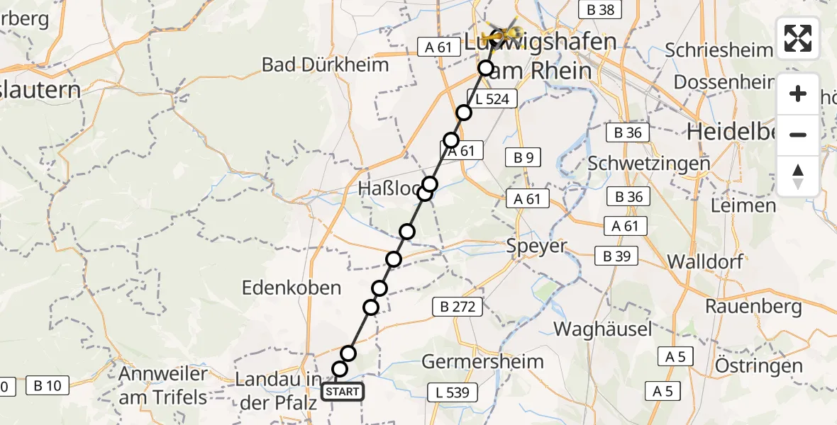 Flugroute Ambulanzhubschrauber Offenbach an der Queich - Ludwigshafen Accident Hospital, 01 Juni 2026, 07:54