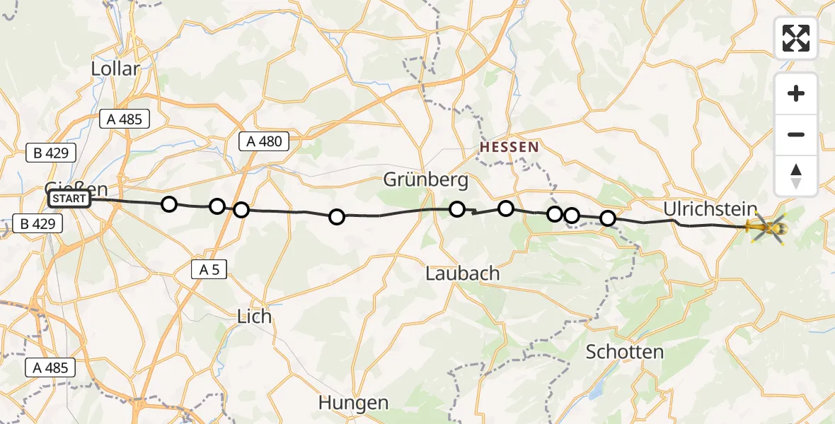 Flugroute Rettungshubschrauber Gießen - Ulrichstein, 01 Juni 2026, 08:01
