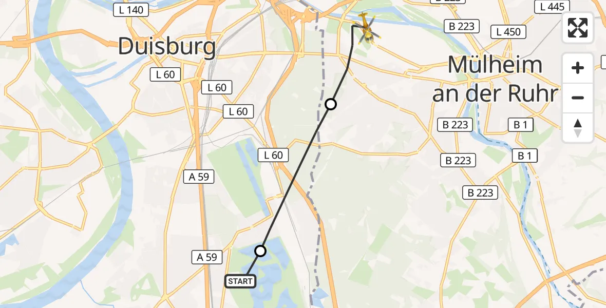 Flugroute Rettungshubschrauber Duisburg Air Rescue Hubschrauberlandeplatz (Christoph 9) - Mülheim an der Ruhr, 01 Juni 2026, 08:05