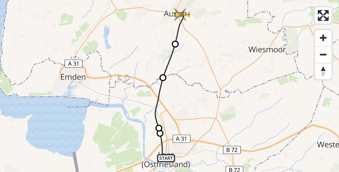 Flugroute Ambulanzhubschrauber Leer (Ostfriesland) - Aurich, 01 Juni 2026, 08:07