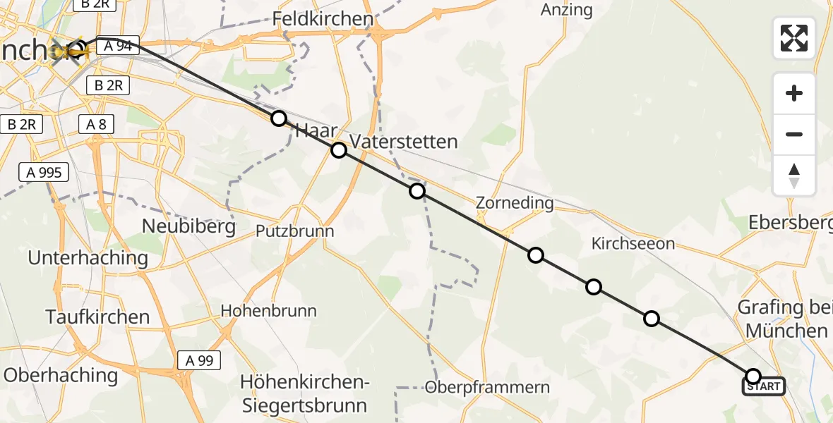 Flugroute Rettungshubschrauber Grafing b.München - Rechts der Isar University Hospital, 01 Juni 2026, 08:07