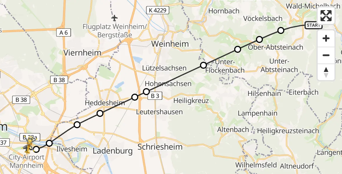 Flugroute Rettungshubschrauber Wald-Michelbach - Mannheim-City Flughafen, 01 Juni 2026, 08:07