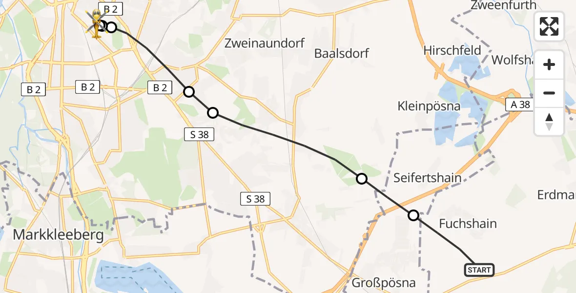 Flugroute Rettungshubschrauber Naunhof - Leipzig University Hospital Heliport 1, 01 Juni 2026, 08:12