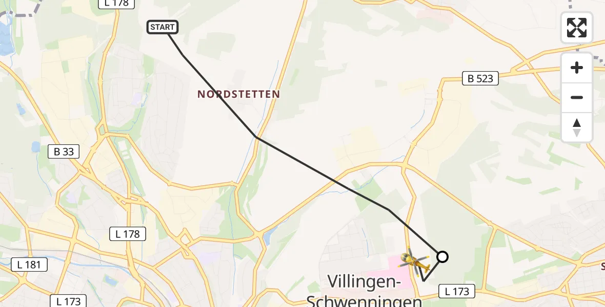 Flugroute Ambulanzhubschrauber Villingen-Schwenningen - DRF Air Rescue Station Villingen-Schwenningen Hubschrauberlandeplatz (Christoph 11), 01 Juni 2026, 08:13