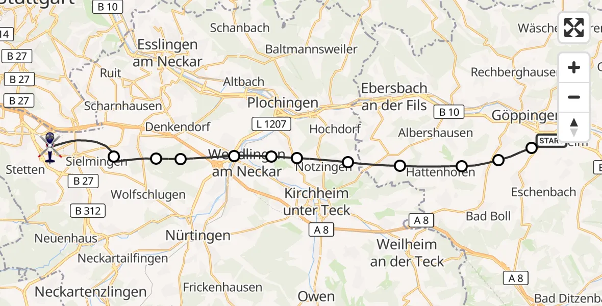 Flugroute Polizeihubschrauber Göppingen - Flughafen Stuttgart, 01 Juni 2026, 08:16