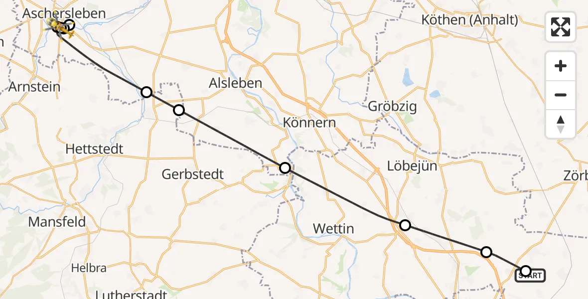 Flugroute Rettungshubschrauber Halle-Oppin Flugplatz - AMEOS Hospital Aschersleben, 01 Juni 2026, 08:17