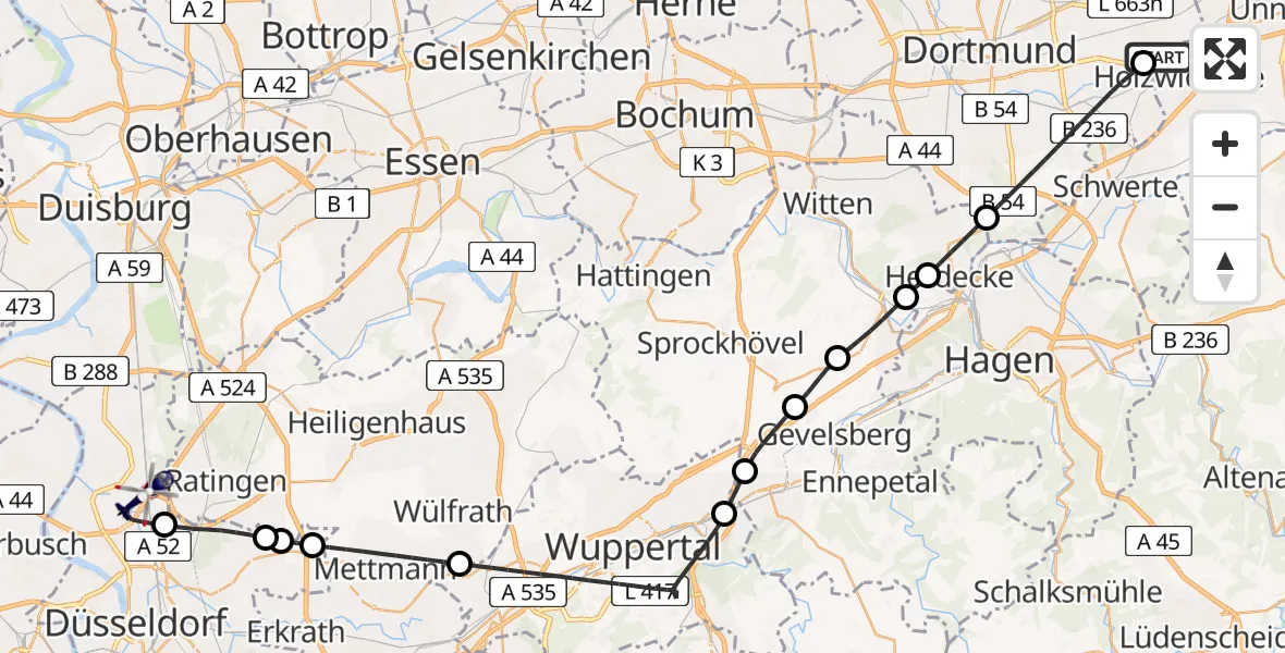 Flugroute Polizeihubschrauber Dortmund Flughafen - Düsseldorf Flughafen, 01 Juni 2026, 08:19